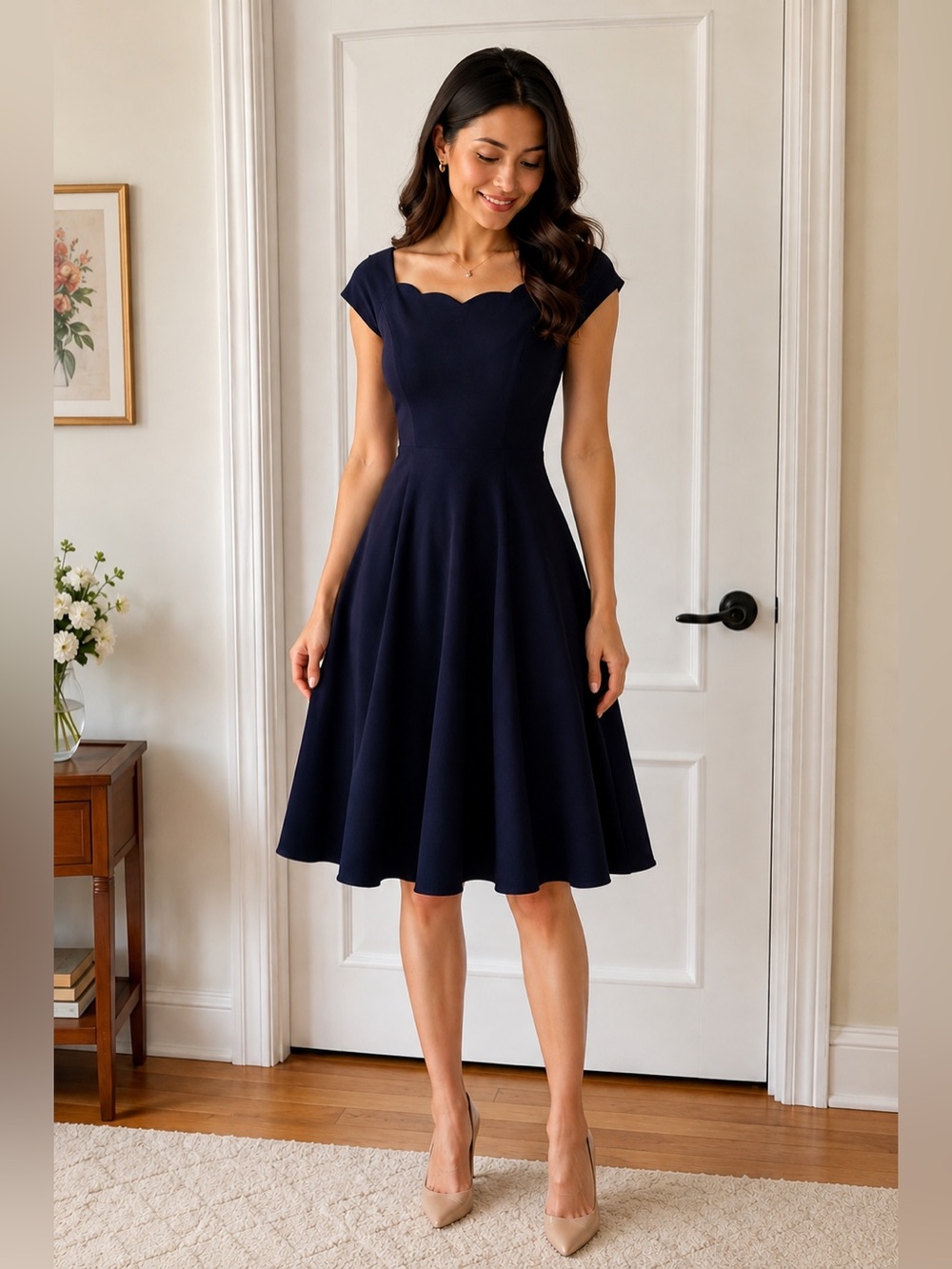Modcloth Navy Scalloped Fit-and-Flare Midi Dress